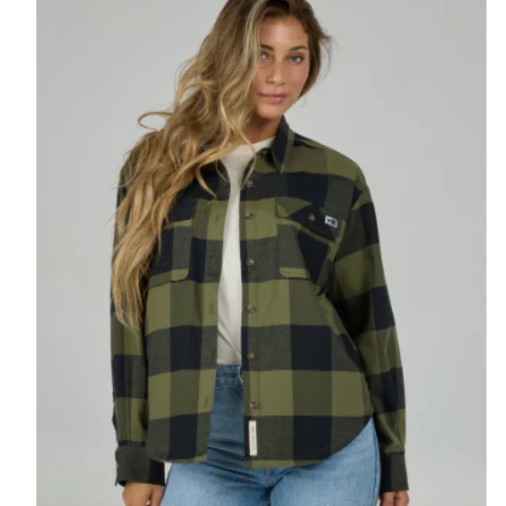 DIVIDED Black and Green Checkered Button Down Cotton Flannel Shirt 8 NWOT